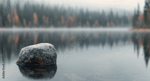 Lone Rock on Tranquil Lake Surrounded by Misty Forest at Dawn