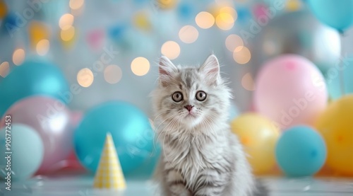 Fluffy Silver Kitten Surrounded by Balloons and Decorations at a Celebration