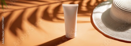 Sunscreen Bottle Resting Beneath Straw Hat on Sunlit Surface
