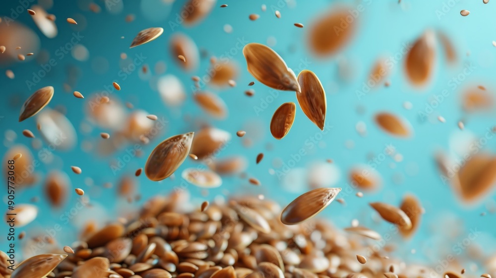 Levitating flax seeds on a pastel color background. Levitating flax seeds on a pastel color background.