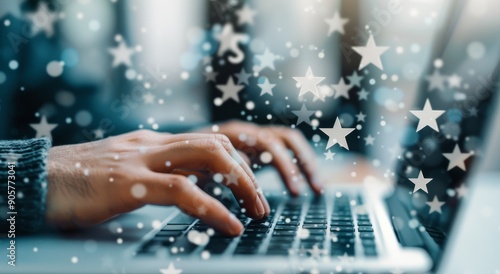 Typing on Laptop With Digital Stars Projected in a Low Light Setting