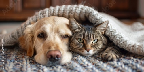 Golden Retriever and Tabby Cat Cuddling Under Blanket in Cozy Living Room