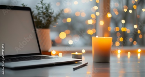 Cozy Workspace With Laptop Candle and Lights During Evening