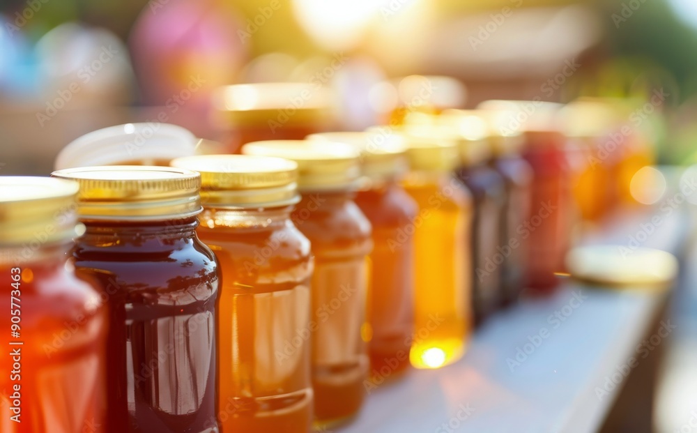 Variety of Honey Jars Displayed in Bright Outdoor Market During Sunset Variety of Honey Jars Displayed in Bright Outdoor Market During Sunset