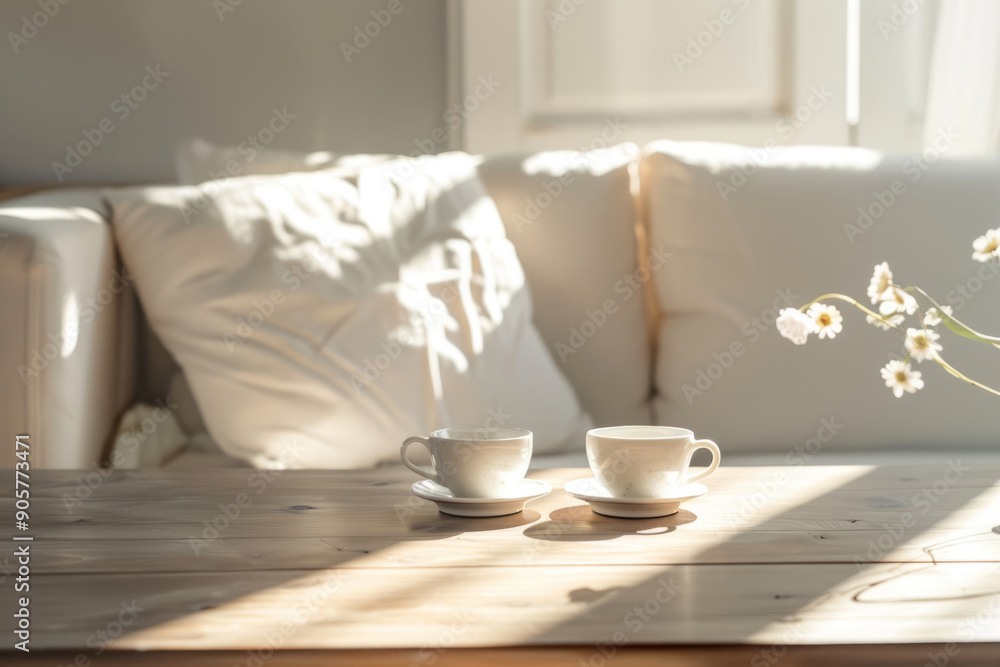 Living room with a wooden table featuring two coffee cups, white cushions and soft sunlight Living room with a wooden table featuring two coffee cups, white cushions and soft sunlight
