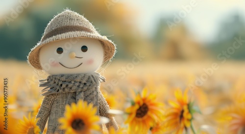 Scarecrow Among Sunflowers on a Sunny Day in Rural Landscape