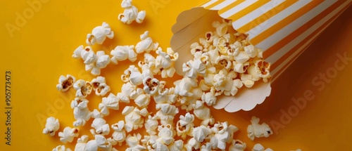 Freshly Popped Popcorn in Red Striped Container on White Surface With Soft Bo...