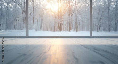 Winter Sunrise Through Glass Windows in a Snowy Forest Retreat