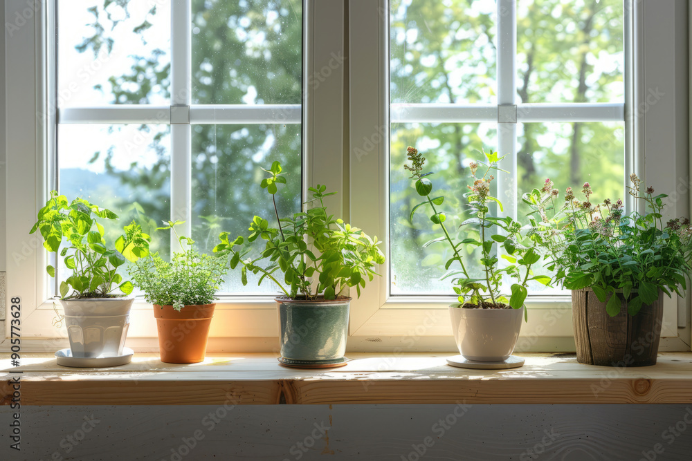 Fototapeta premium Bright sunny windowsill with variety of potted indoor plants