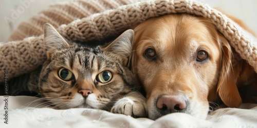 Golden Retriever and Tabby Cat Cuddling Under Blanket in Cozy Living Room