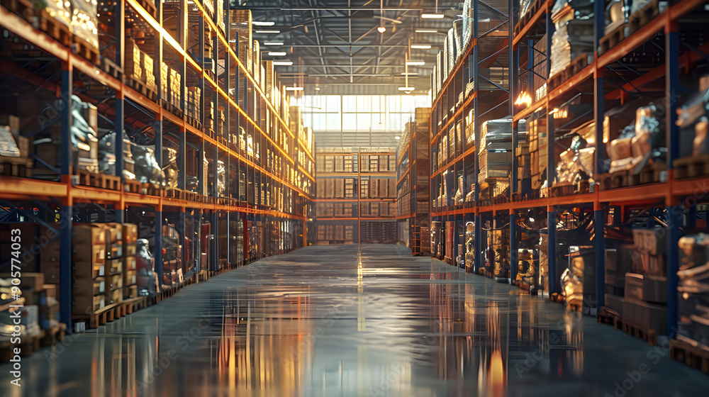 Large warehouse interior with rows of shelves and containers or boxes. Industrial background. Generative AI Large warehouse interior with rows of shelves and containers or boxes. Industrial background. Generative AI