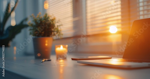 Cozy Workspace With Laptop Candle and Lights During Evening