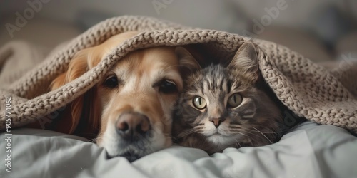 Golden Retriever and Tabby Cat Cuddling Under Blanket in Cozy Living Room