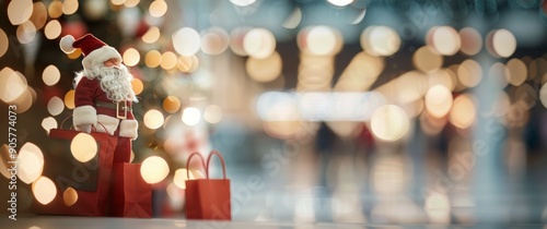 Santa Figurine Surrounded by Holiday Lights at a Festive Shopping Center