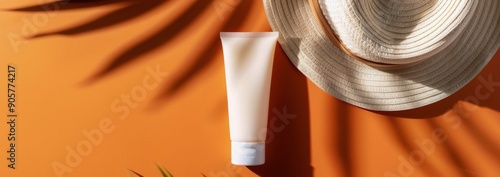 Sunscreen Bottle Resting Beneath Straw Hat on Sunlit Surface