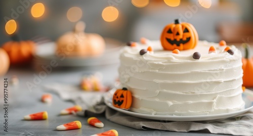 Festive Pumpkin Cake With Whipped Cream and Candy Decor in Autumn Setting
