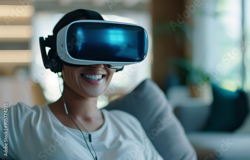 Woman Enjoys Virtual Reality Experience While Relaxing at Home