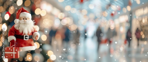 Santa Figurine Surrounded by Holiday Lights at a Festive Shopping Center