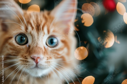 Orange Cat Gazing at Christmas Tree With Twinkling Lights During Holiday Season