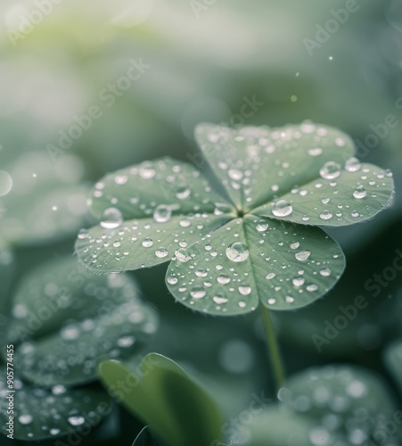 Fresh Clover Leaves Covered in Raindrops in a Serene Natural Setting