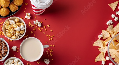 Assorted Snacks and Coffee on Red Background for Movie Night Gathering