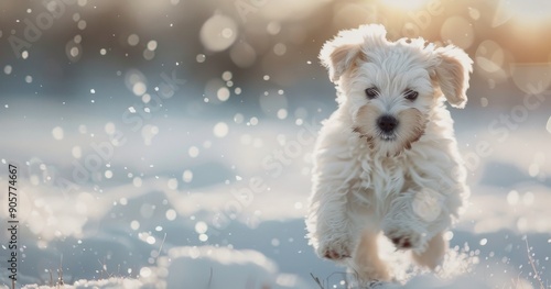 Playful Puppy Running Through Snow at Sunset