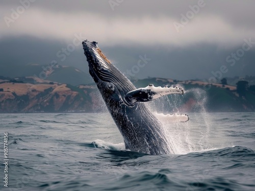 Humpback Whale Breaching in Alaskan Waters Under Cloudy Skies