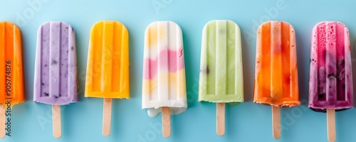 Colorful Ice Cream Popsicles on Blue Background With Sprinkles