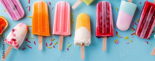 Colorful Ice Cream Popsicles on Blue Background With Sprinkles