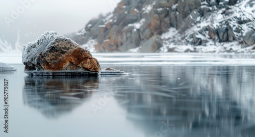 Snow-Covered Rock on Calm Lake at Sunrise in Winter