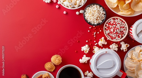 Assorted Snacks and Coffee on Red Background for Movie Night Gathering