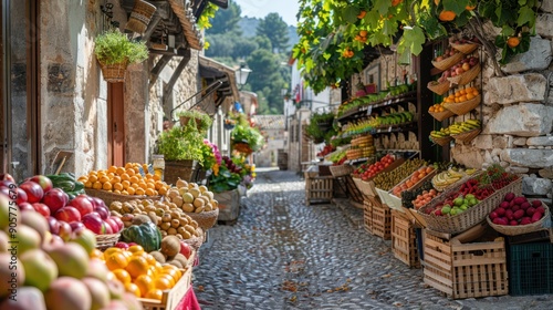 Local Farmer's Market: Fresh Fruits & Vegetables on a Sunny Spanish Street photo