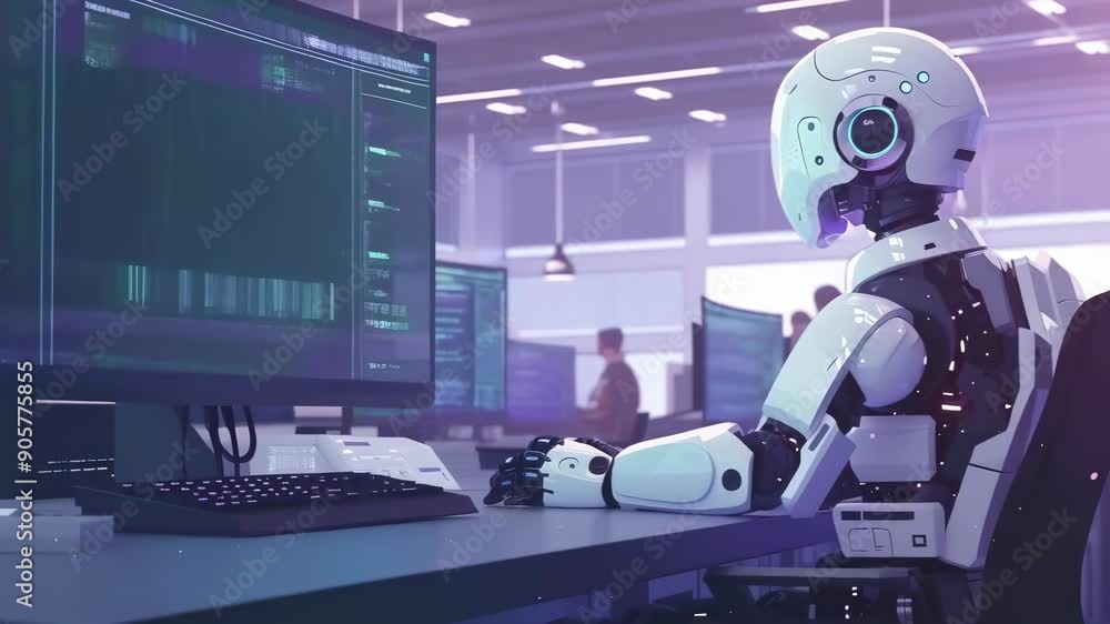 In a modern office during the day, a humanoid robot sits at a desk, analyzing code on dual monitors. People work in the background. The setting is futuristic, yet professional and collaborative. In a modern office during the day, a humanoid robot sits at a desk, analyzing code on dual monitors. People work in the background. The setting is futuristic, yet professional and collaborative.