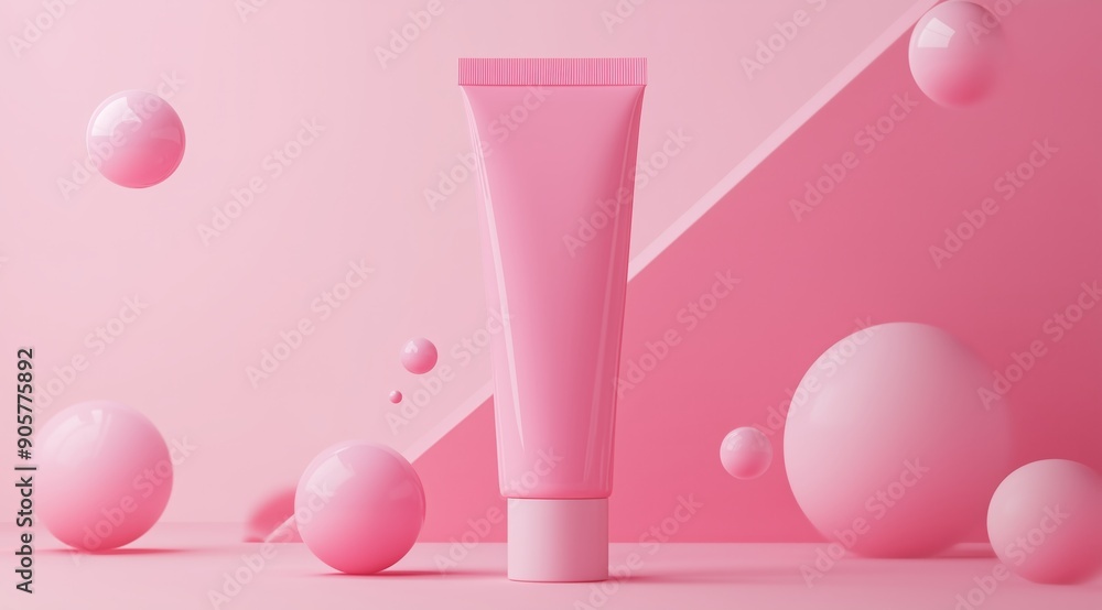 Abstract pink background with a cosmetic tube mockup and spheres. Abstract pink background with a cosmetic tube mockup and spheres.