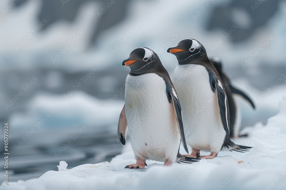 Fototapeta premium Adorned Penguins on Ice Floe in Antarctic Ocean, High Resolution Photography