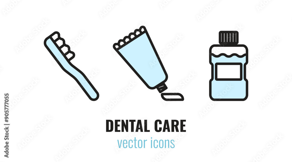 Set of dental care icons. Toothbrush, toothpaste, mouthwash. Vector illustration Set of dental care icons. Toothbrush, toothpaste, mouthwash. Vector illustration