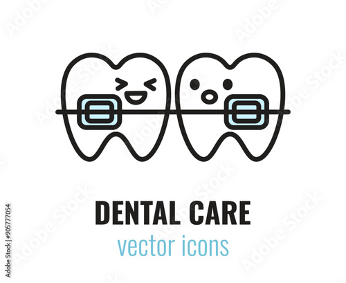 Cute cartoon teeth with braces. Laughing tooth and surprised tooth. Dental treatment, dental care. Vector illustration
