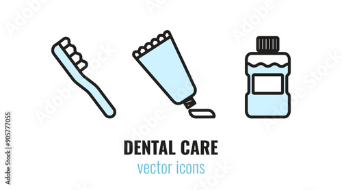 Set of dental care icons. Toothbrush, toothpaste, mouthwash. Vector illustration