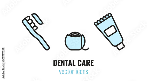 Set of dental care icons. Toothbrush, dental floss,  toothpaste. Vector illustration