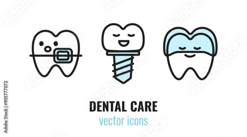 Set of cute cartoon dental treatment icons. Tooth with dental brace,  dental implant, tooth with dental aligner. Vector illustration