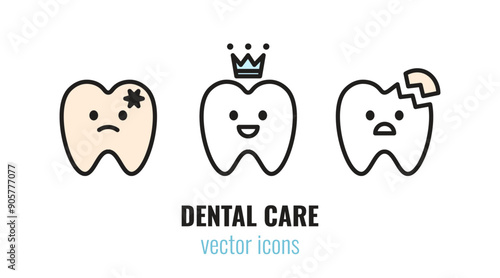 Set of cute cartoon dental care icons. Tooth with caries, heathy tooth with crown, chipped tooth. Vector illustration
