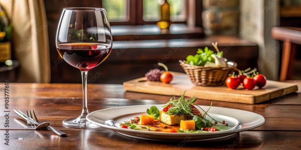 A Glass of Red Wine and a Plate of Gourmet Food, Rustic Table Setting, Dinner, Fine Dining, Wine Pairing. , restaurant, food A Glass of Red Wine and a Plate of Gourmet Food, Rustic Table Setting, Dinner, Fine Dining, Wine Pairing. , restaurant, food
