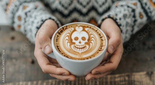 Coffee With Intricate Skull Latte Art Surrounded by Coffee Beans
