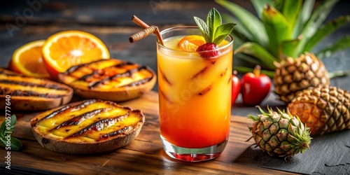 A Glass of Tequila Sunrise with Grilled Pineapple and Orange Slices, Tropical Cocktail, Summer Drink, Pineapple , Orange, Tequila Sunrise photo