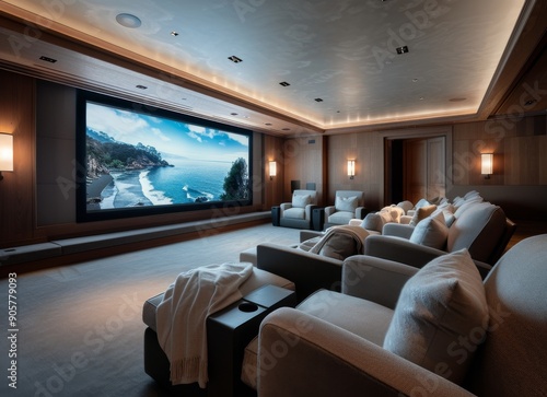 Luxurious Home Theater With Large Screen And Comfortable Seating At Sunset