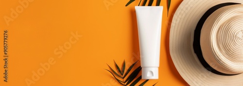 Sunscreen Tube and Straw Hat on Sunlit Surface With Tropical Leaves
