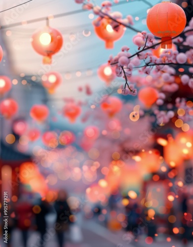 Cherry Blossom Lanterns Illuminate Busy Street During Spring Festival Celebra...