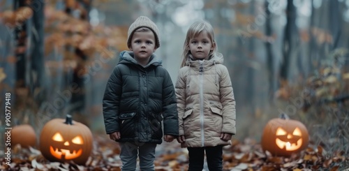Children Walking Among Jack-O'-Lanterns in a Foggy Autumn Forest