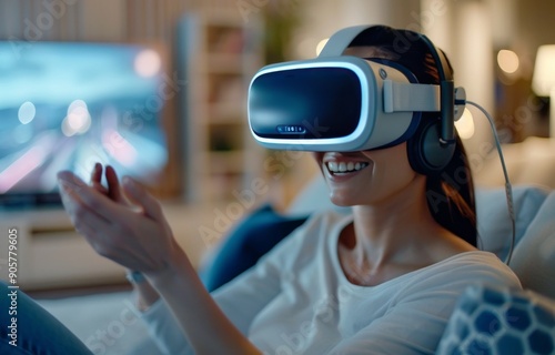 Woman Enjoying Virtual Reality Experience at Home With Friend Relaxing