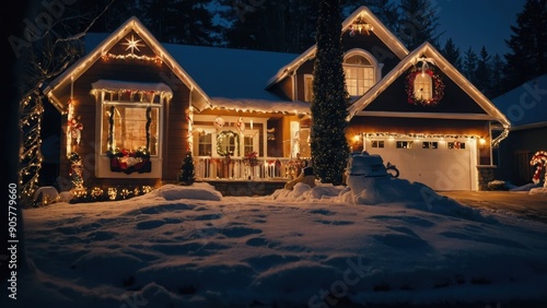 A joyful Christmas scene with a beautifully decorated home exterior featuring vibrant lights and festive ornaments